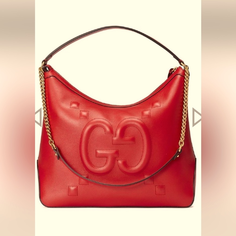 GUCCI RED LEATHER EMBOSSED APOLLO LOGO HOBO SHOULDER/TOTE BAG WITH GOLD CHAINNWT